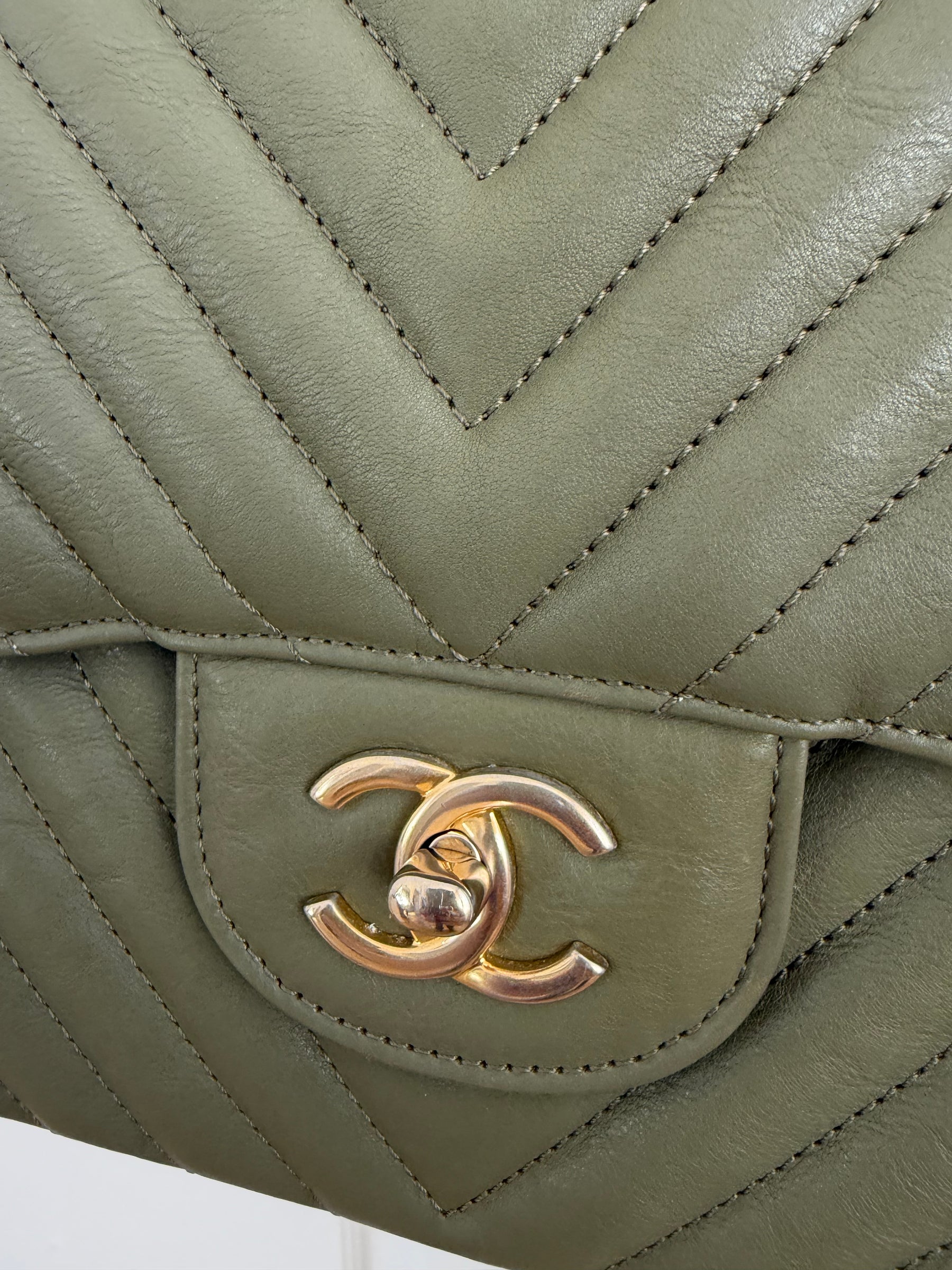 Chanel Khaki Chevron Quilted Leather Jumbo Double Flap