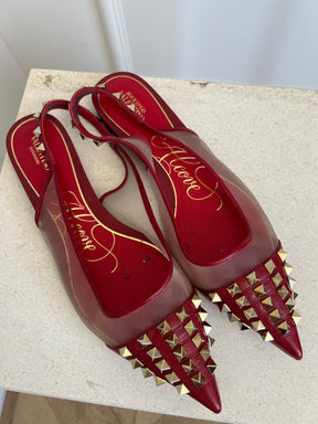 Valentino Garavani Red Leather and Mesh Rockstud Pointed Flats, 41