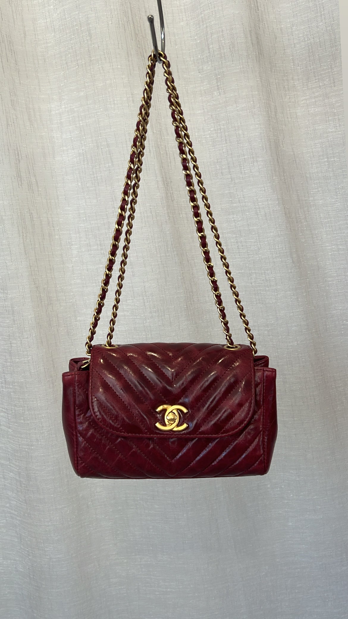 Chanel Merlot Distressed Mini Flap Bag With Gold Hardware