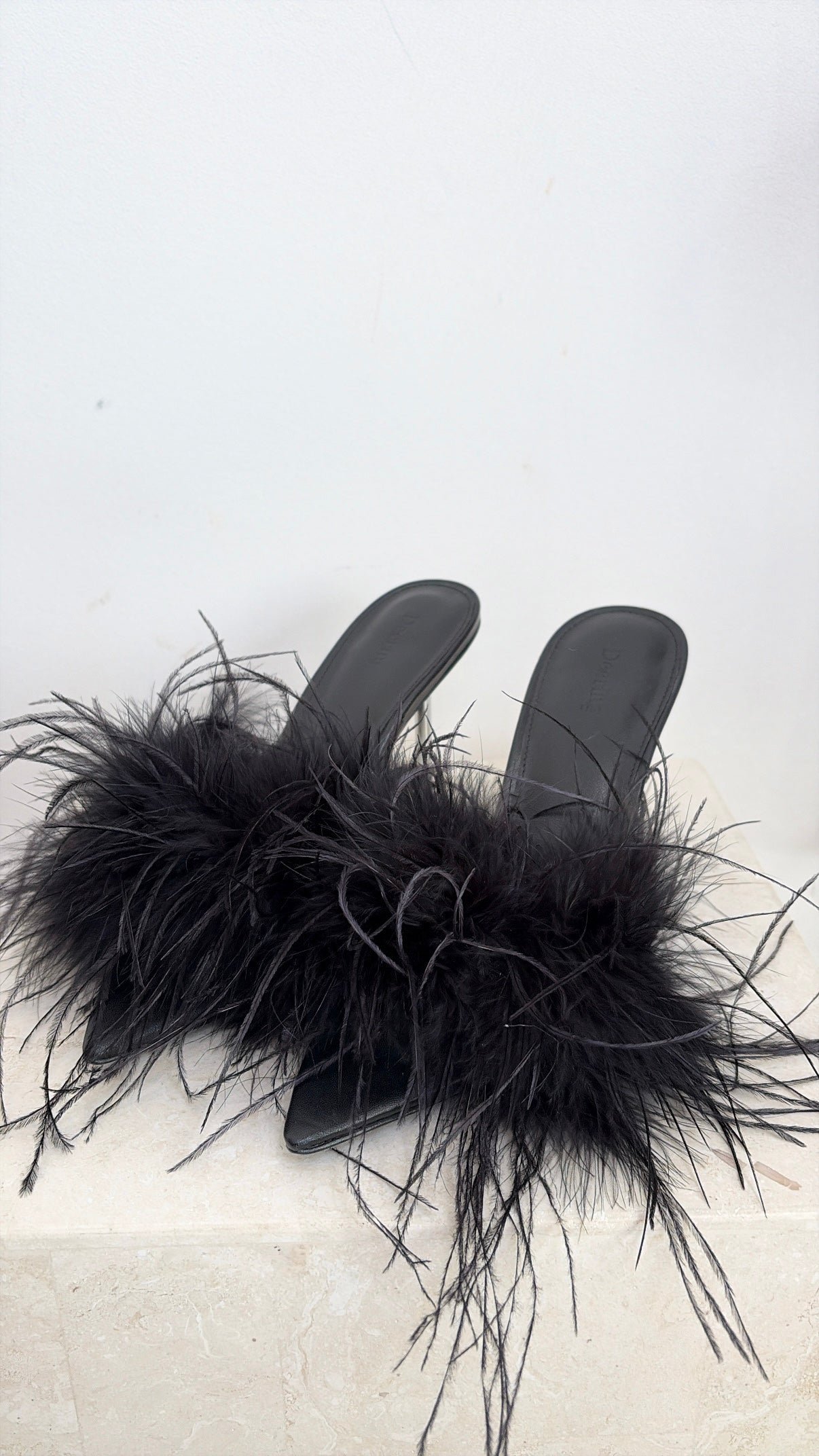 Deering Black Feather Heeled Mules, 40