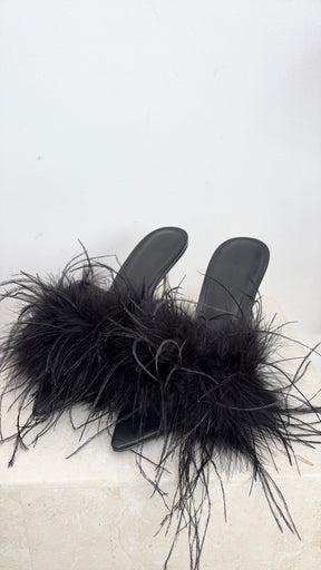 Deering Black Feather Heeled Mules, 40