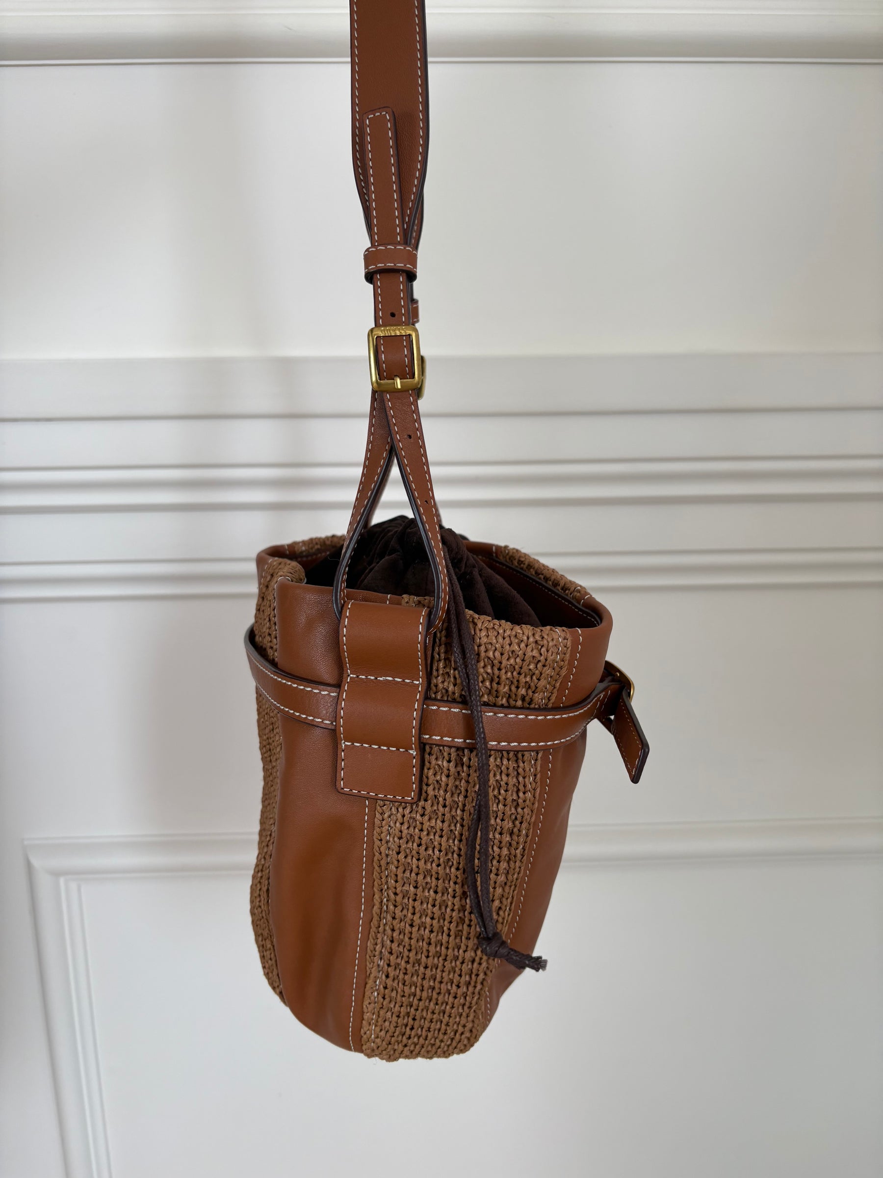 STAUD Tan Leather and Raffia Bucket Shoulder Bag