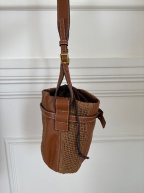 STAUD Tan Leather and Raffia Bucket Shoulder Bag