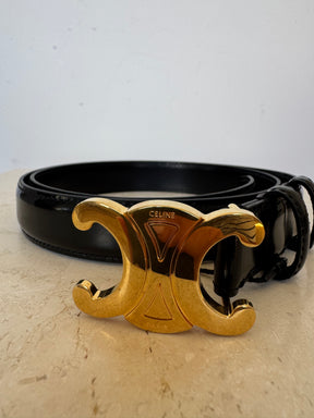 Celine Black Leather Triomphe logo Belt, 80