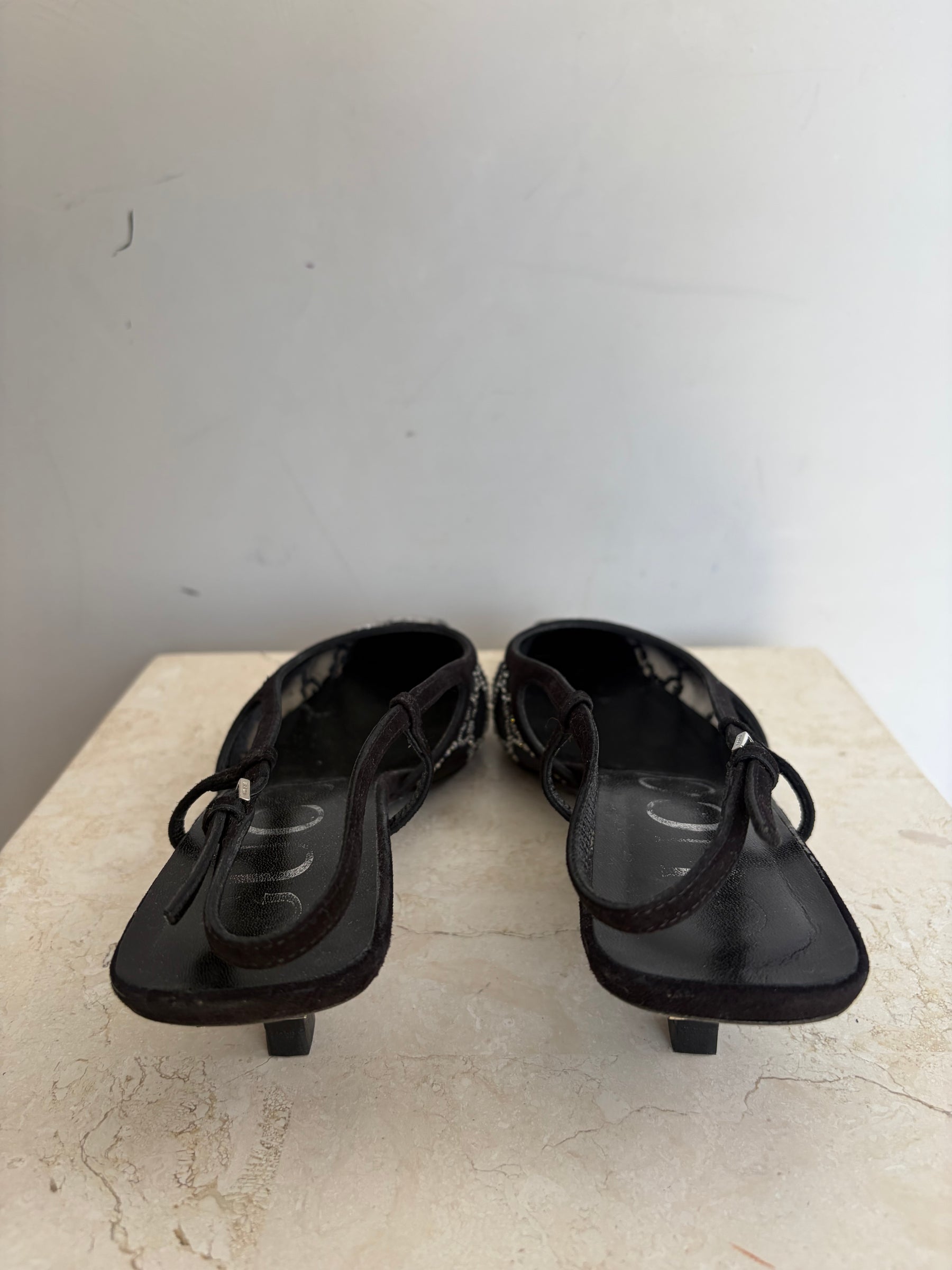 Gucci Black Crystal Monogram Mesh Slingback, 38.5