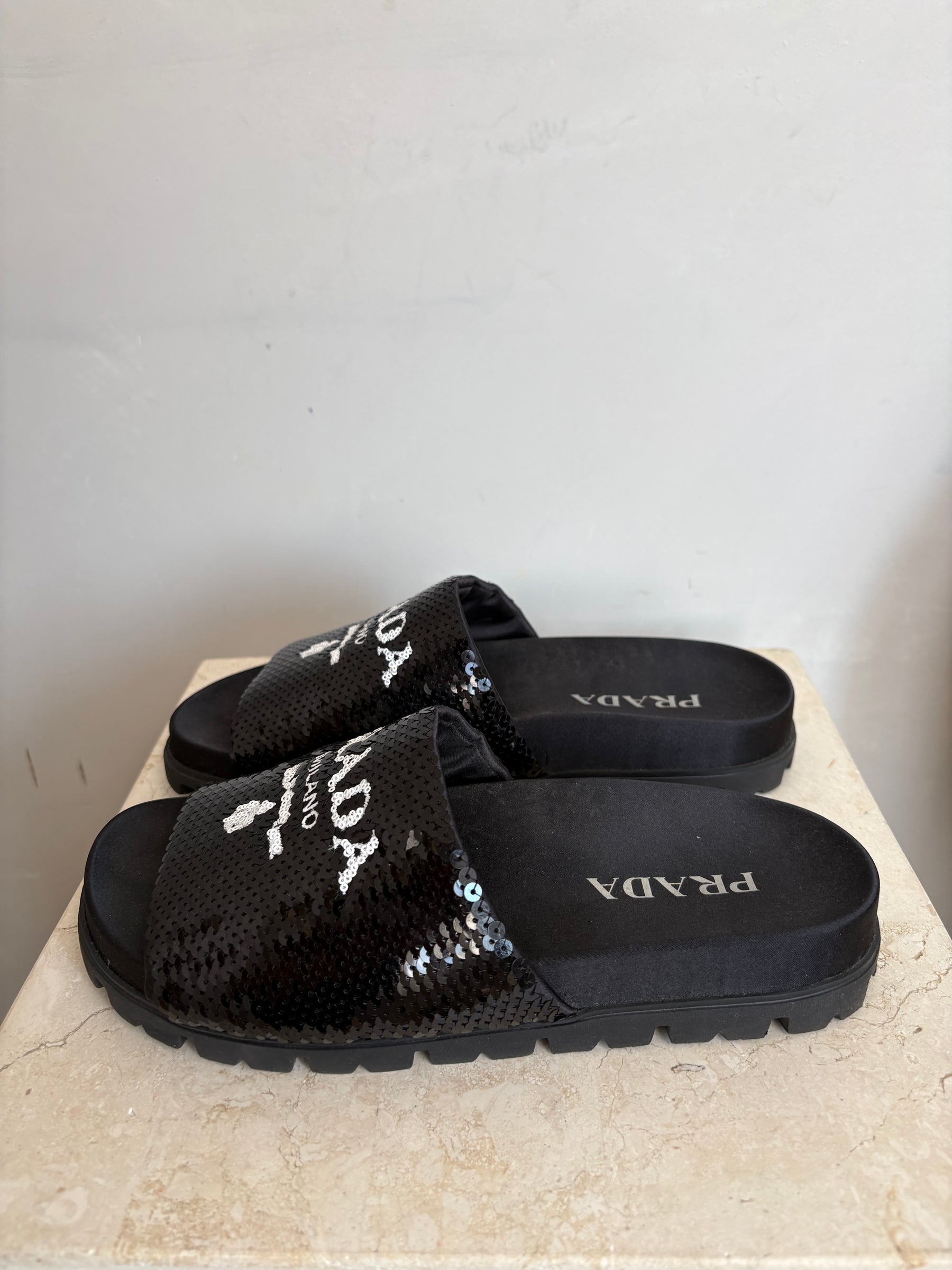 Prada Black Sequiin Logo Slides, 36.5