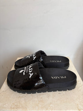 Prada Black Sequiin Logo Slides, 36.5