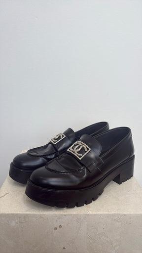 Chanel Black Leathert Platform Logo Loafer, 38.5C
