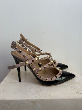 Valentino Black Patent and Beige Leather Caged Rockstud Heels, 37