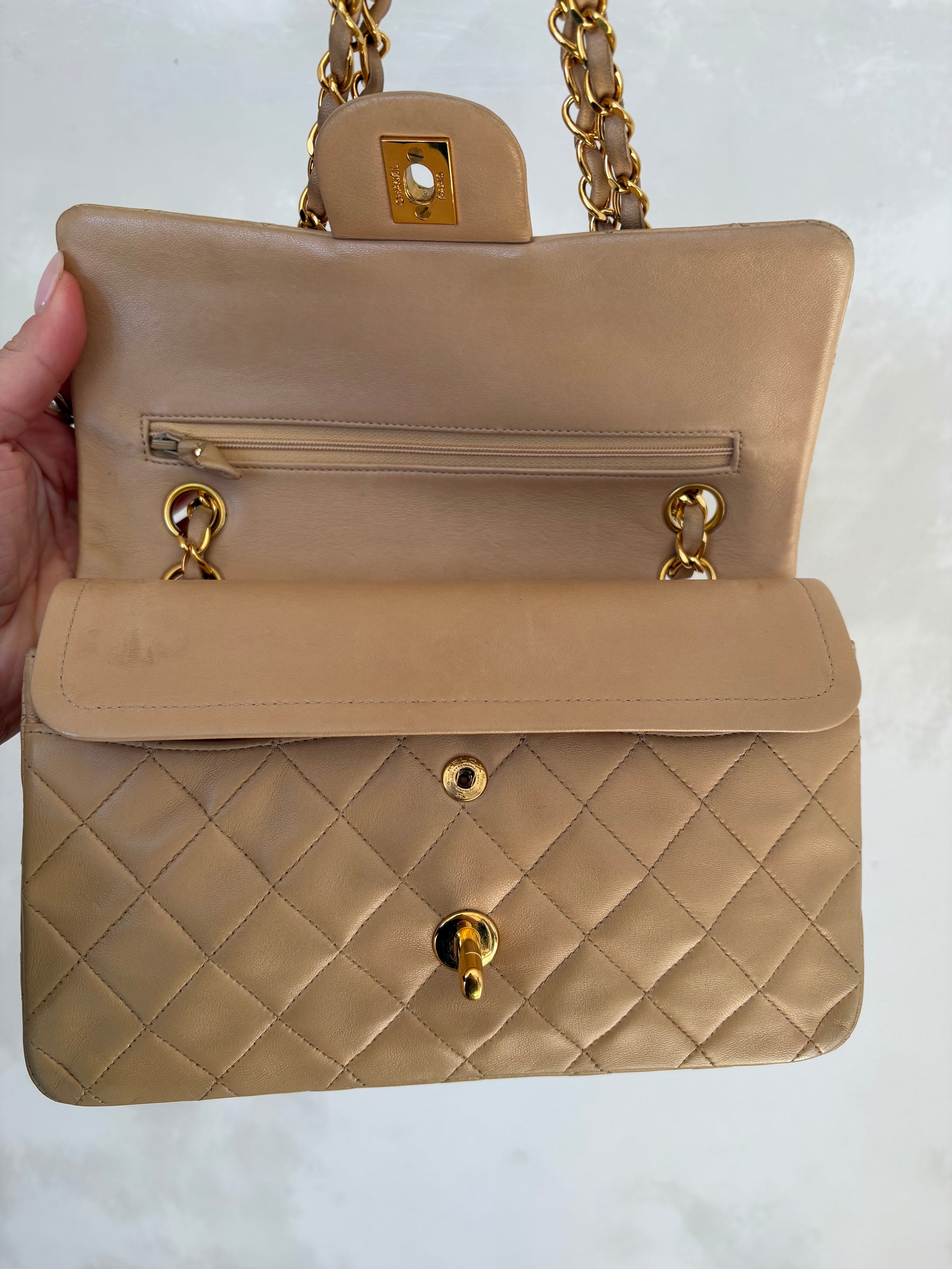 Chanel Small Classic Flap in Beige Lambskin Leather