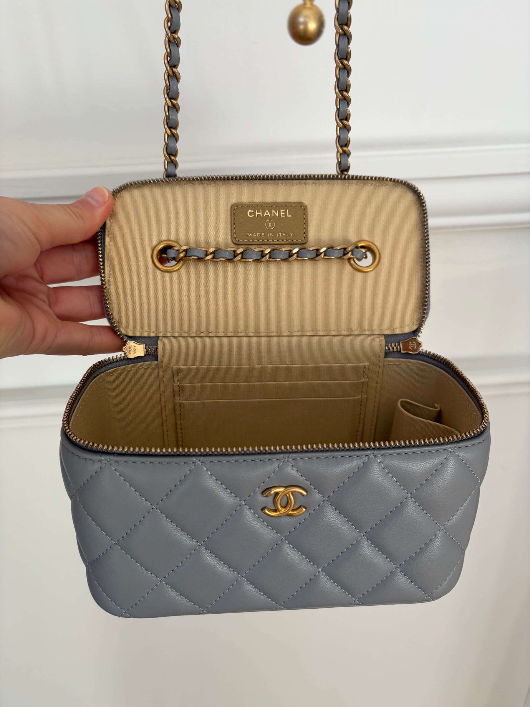 Chanel Grey Lambskin Leather Pearl Crush Vanity Bag