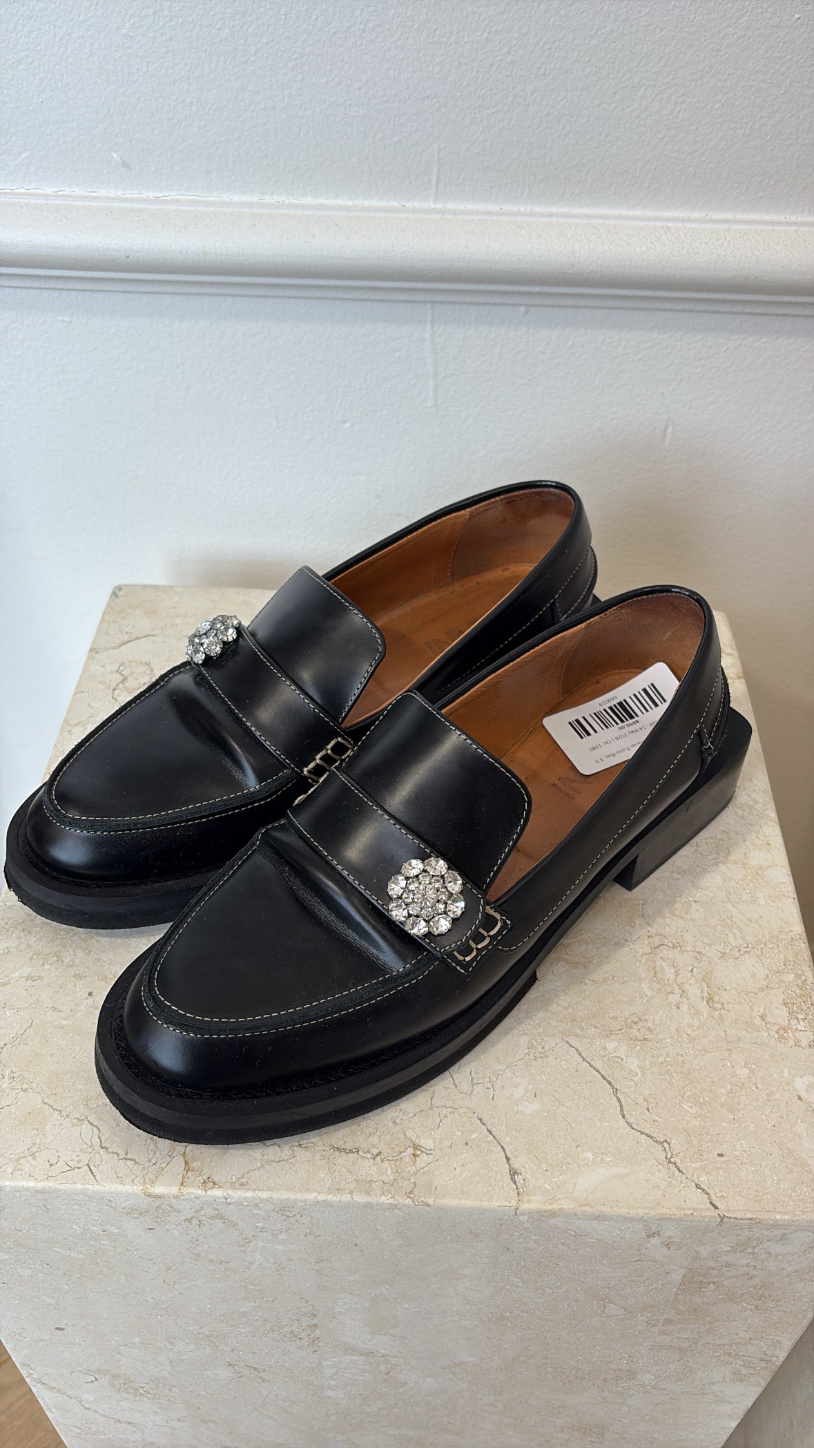 GANNI Crystal Embellished Black Loafers, 38