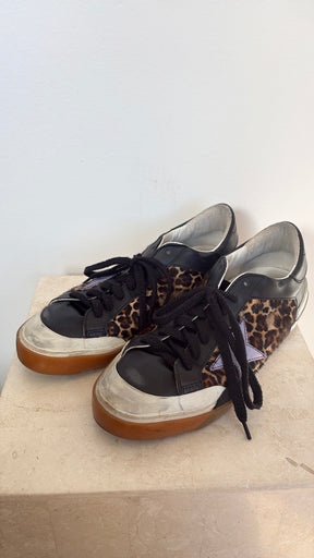 Golden Goose Black Leather and Leopard Superstar Sneakers, 41