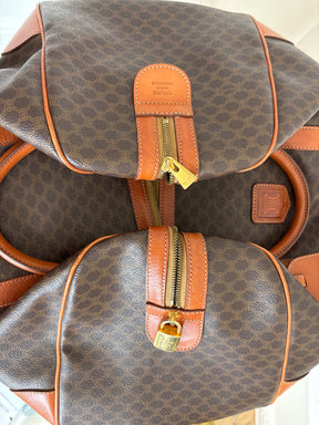 Celine Triomphe Canvas and Tan Leather Trim Duffle Bag