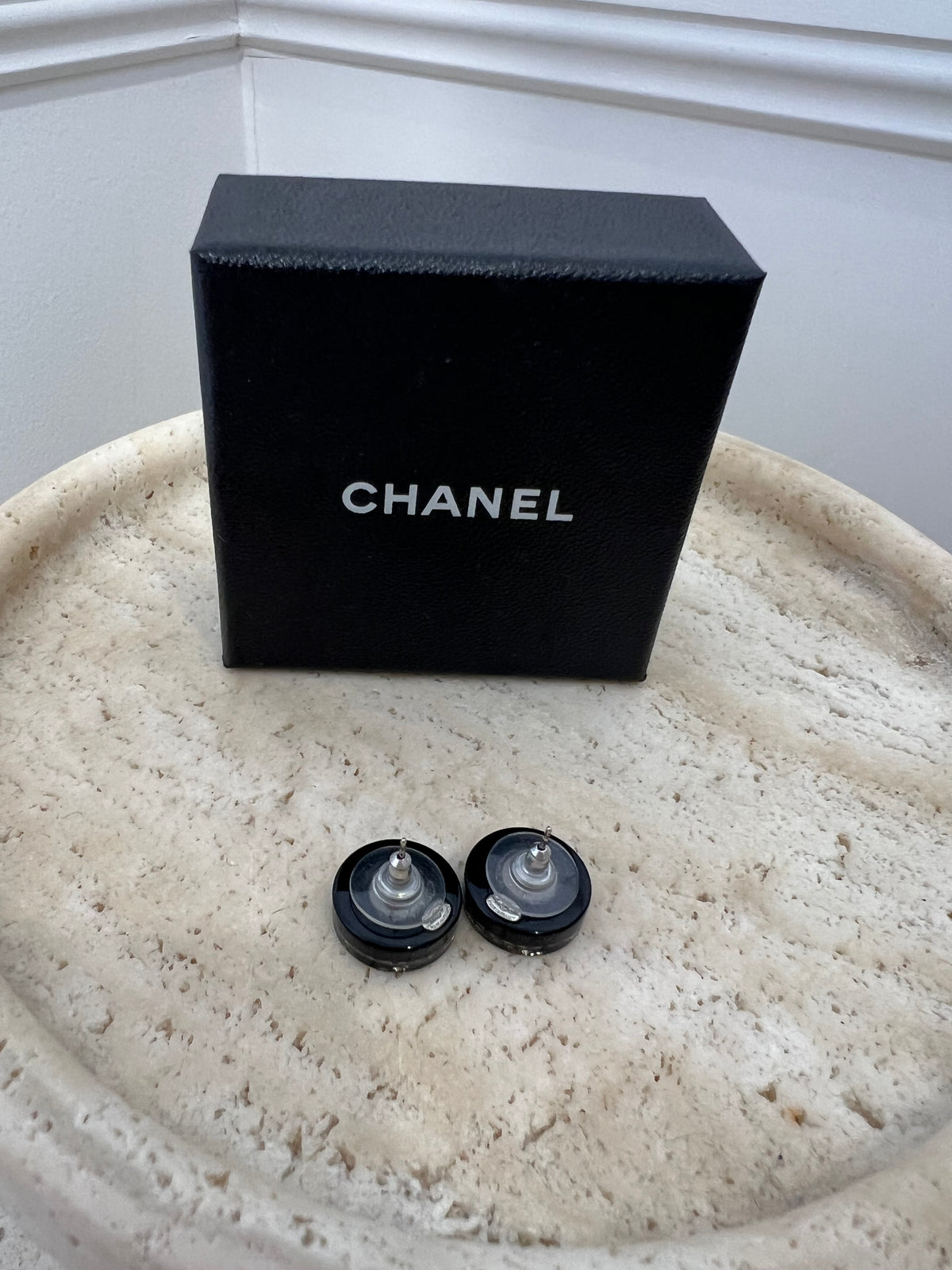 Chanel Black Round CC Logo Stud Earrings