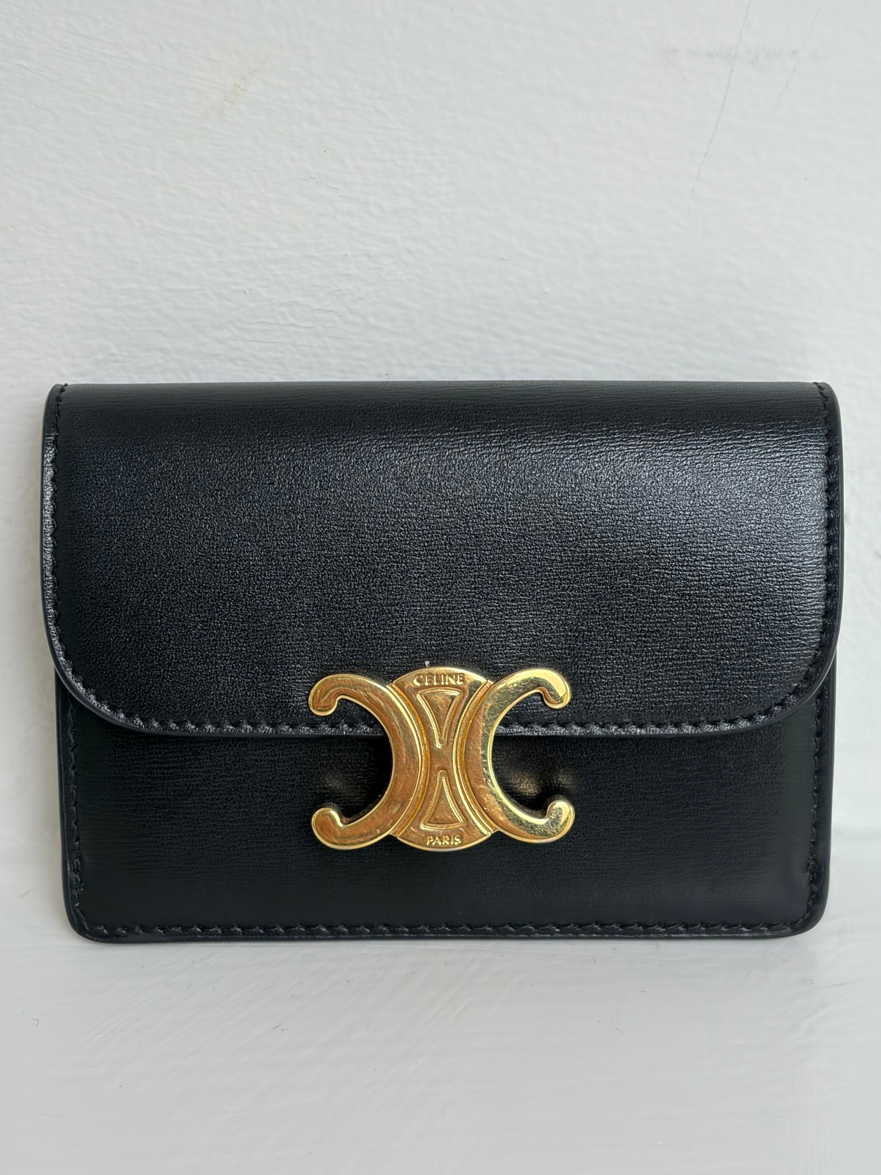 Celine Black Leather Triomphe Flap Cardholder