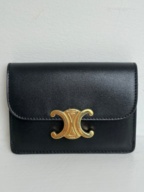 Celine Black Leather Triomphe Flap Cardholder