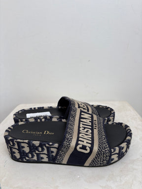Dior Navy Oblique Logo Platform Slides, 37