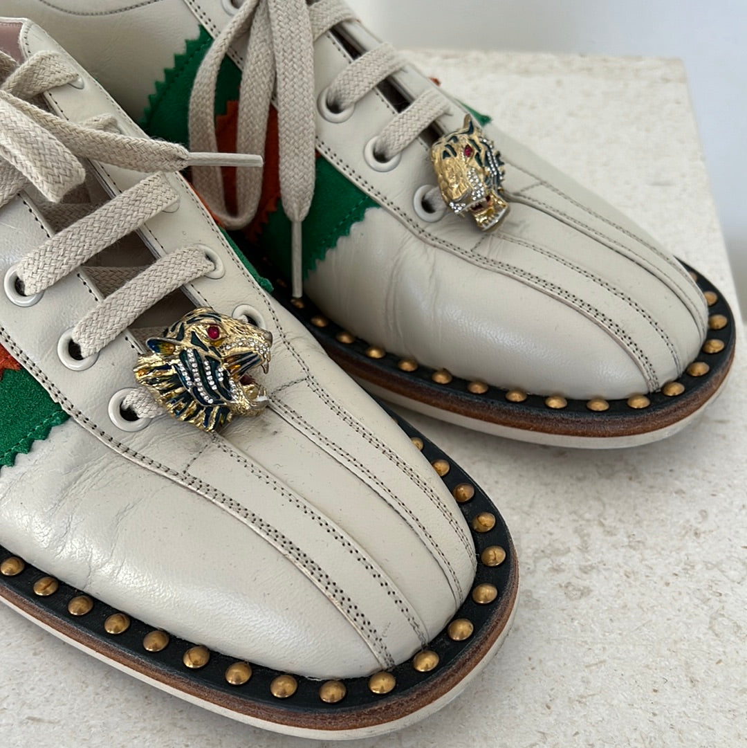 Gucci Quentin Studded Loafers with Tiger, 38