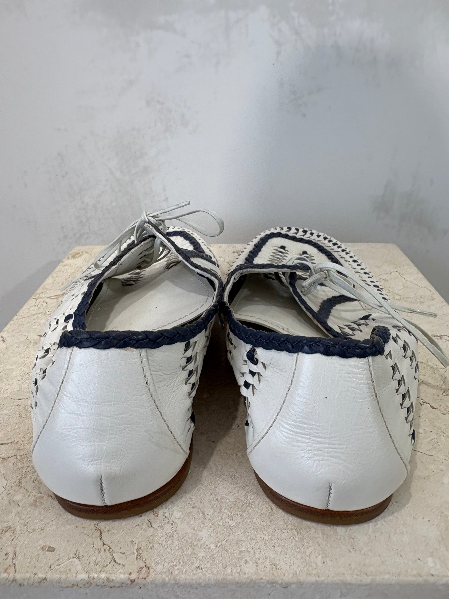 Prada Leather Lace Ups White and Navy, 40