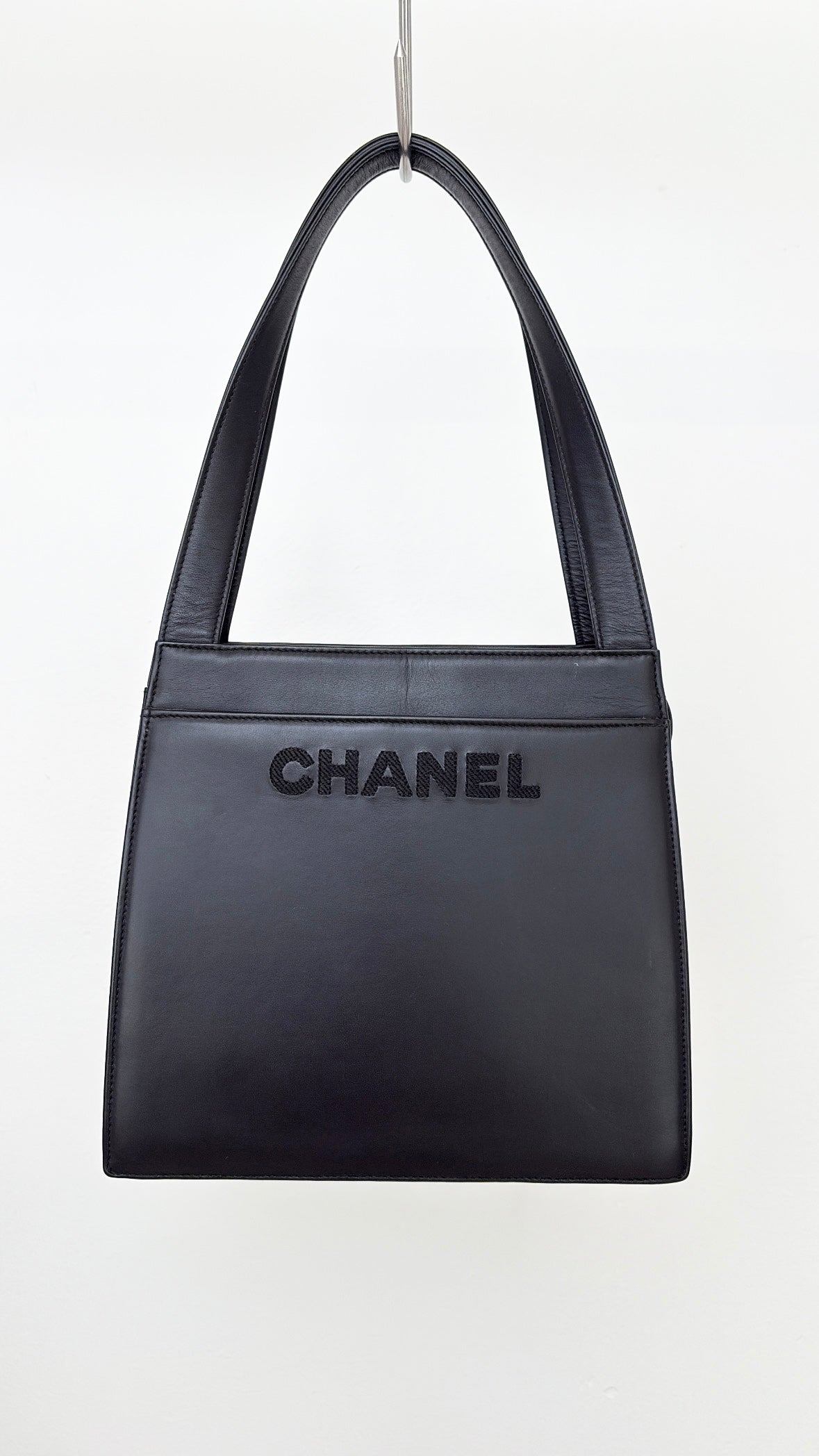 Chanel Black Leather Logo Top Handle Shoulder Bag
