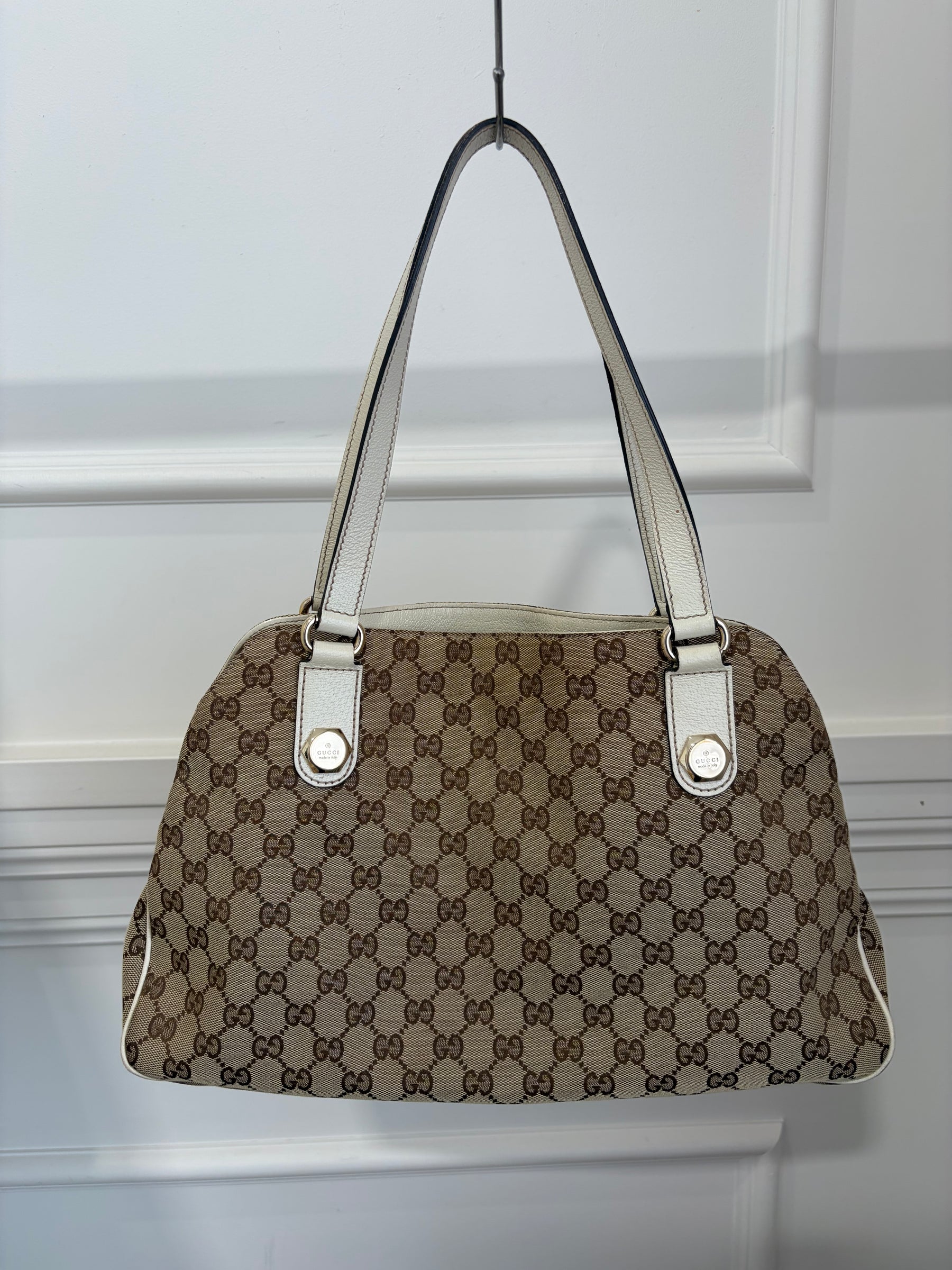 Gucci Charmy Canvas Monogram And White Leather Shoulder Bag