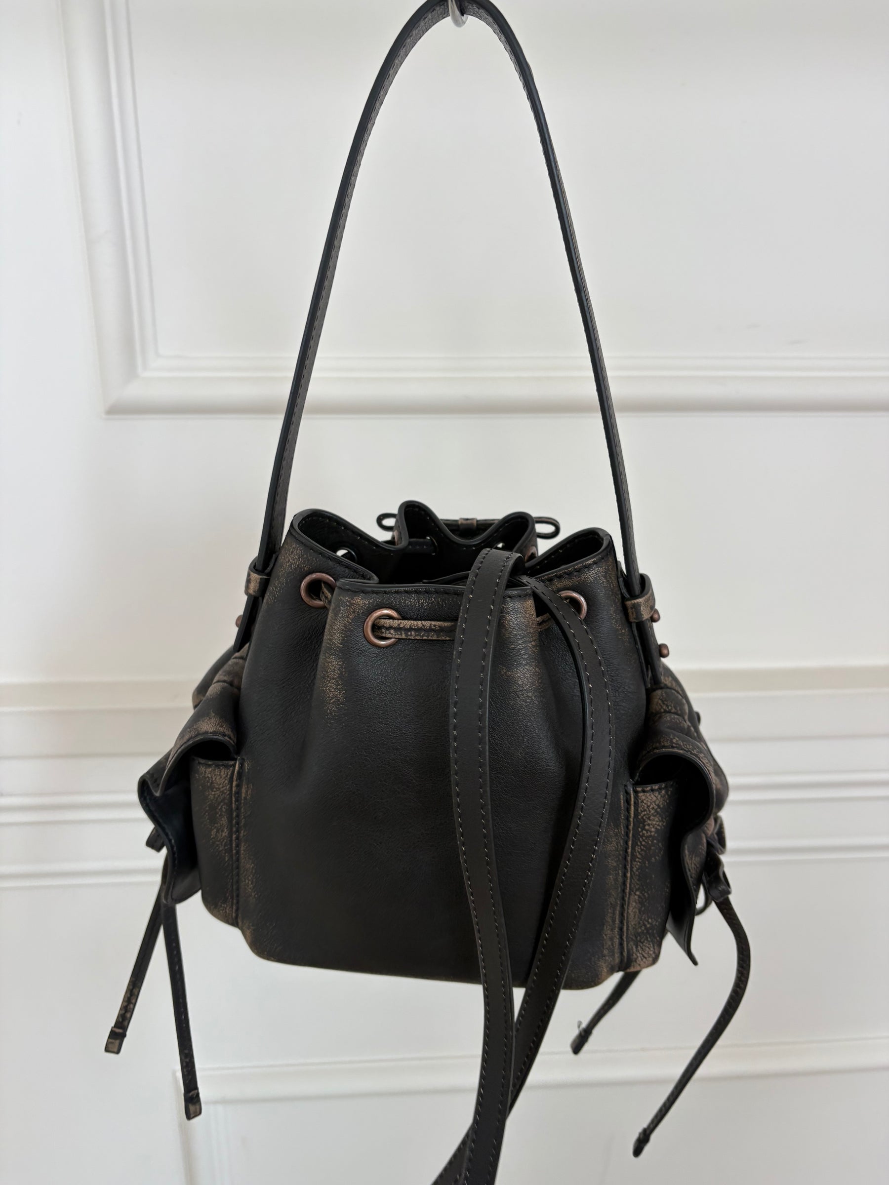 Acne Studios Brown Distressed Leather Multi Pocket Mini Bucket Bag