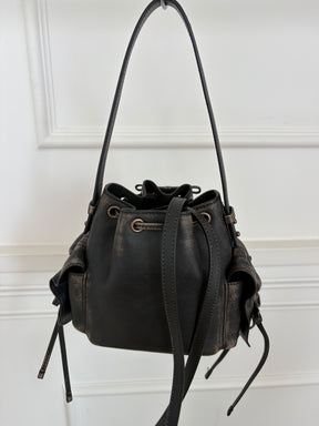 Acne Studios Brown Distressed Leather Multi Pocket Mini Bucket Bag