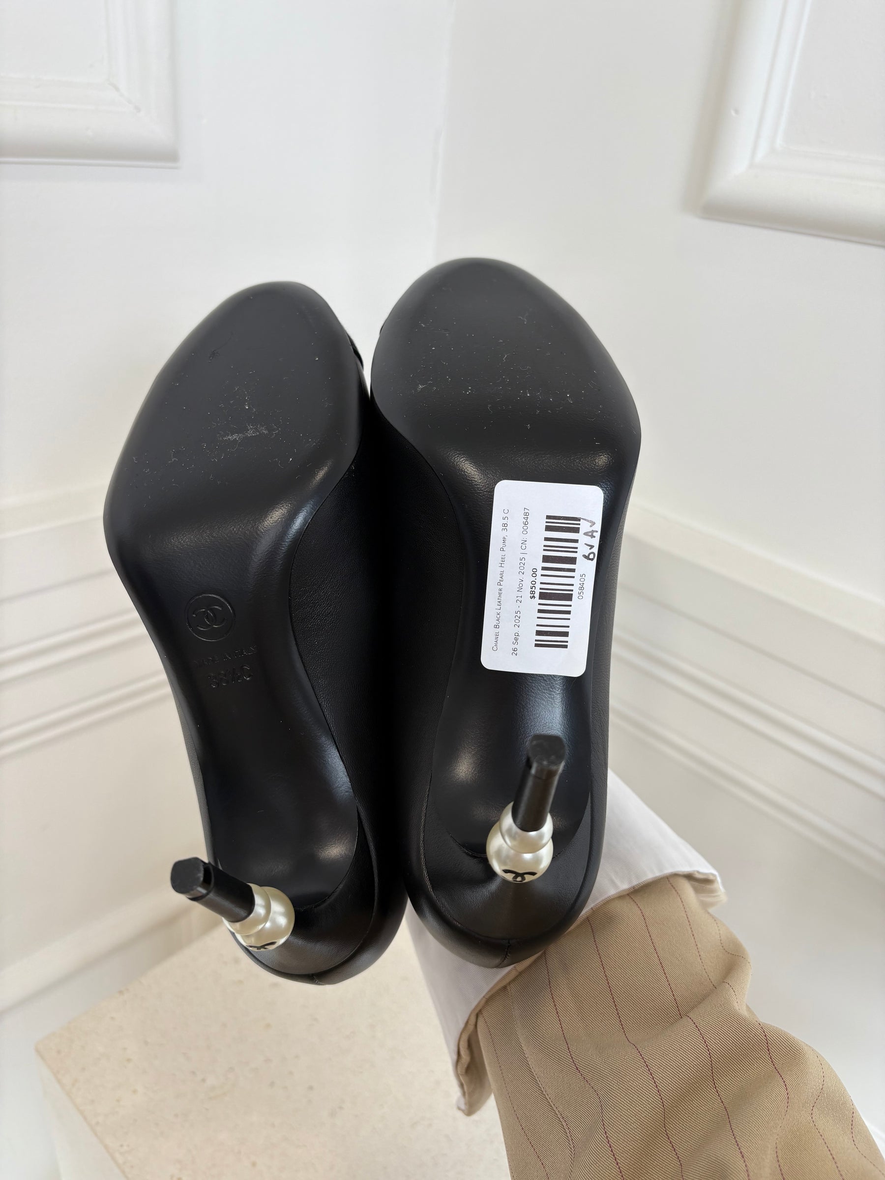 Chanel Black Leather Pearl Heel Pump, 38.5 C