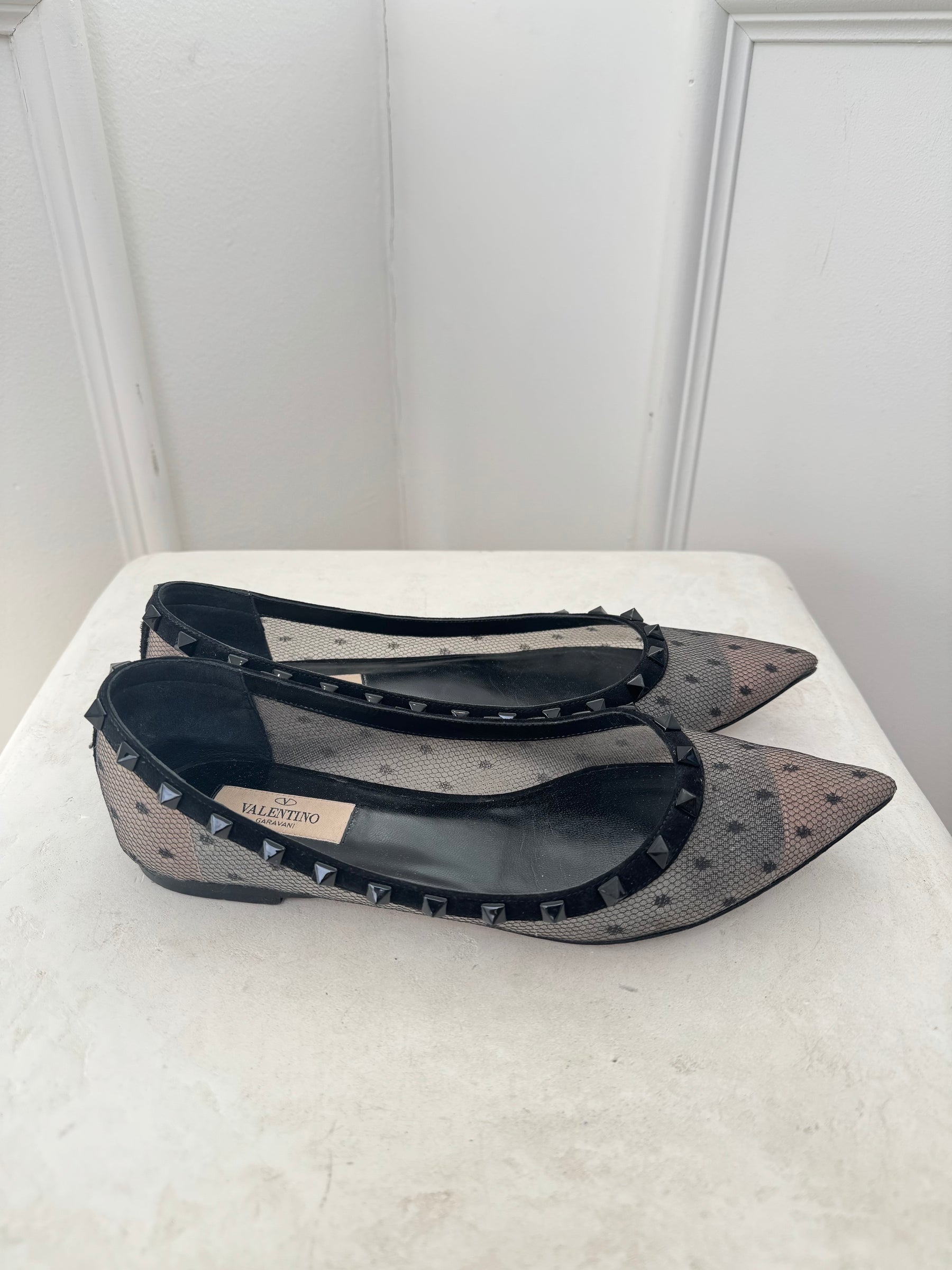 Valentino Garavani Black Mesh Spotted Rockstud Flats, 39