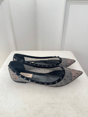 Valentino Garavani Black Mesh Spotted Rockstud Flats, 39