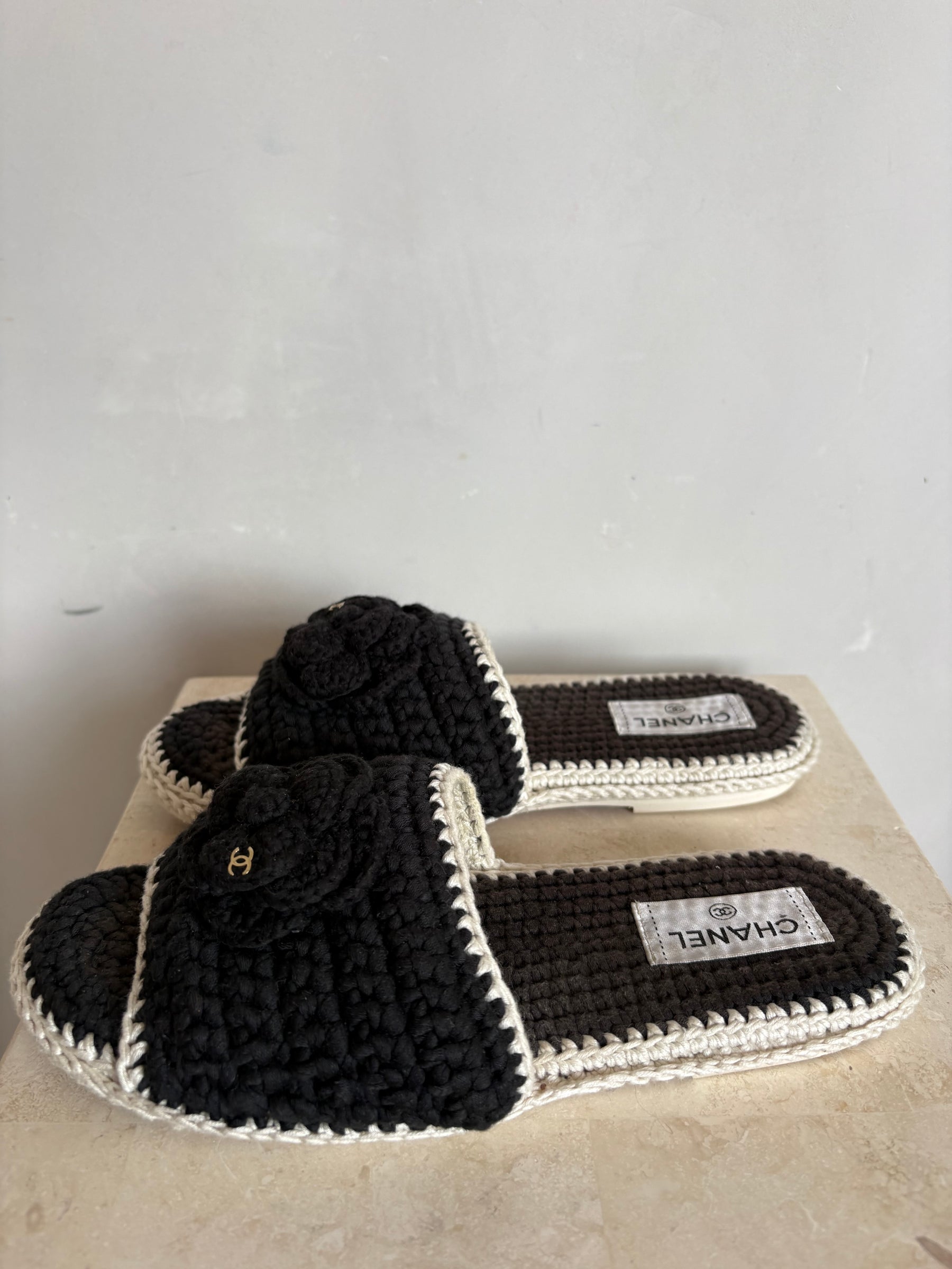Chanel Black Crochet Camilia Slides Black, 39 C
