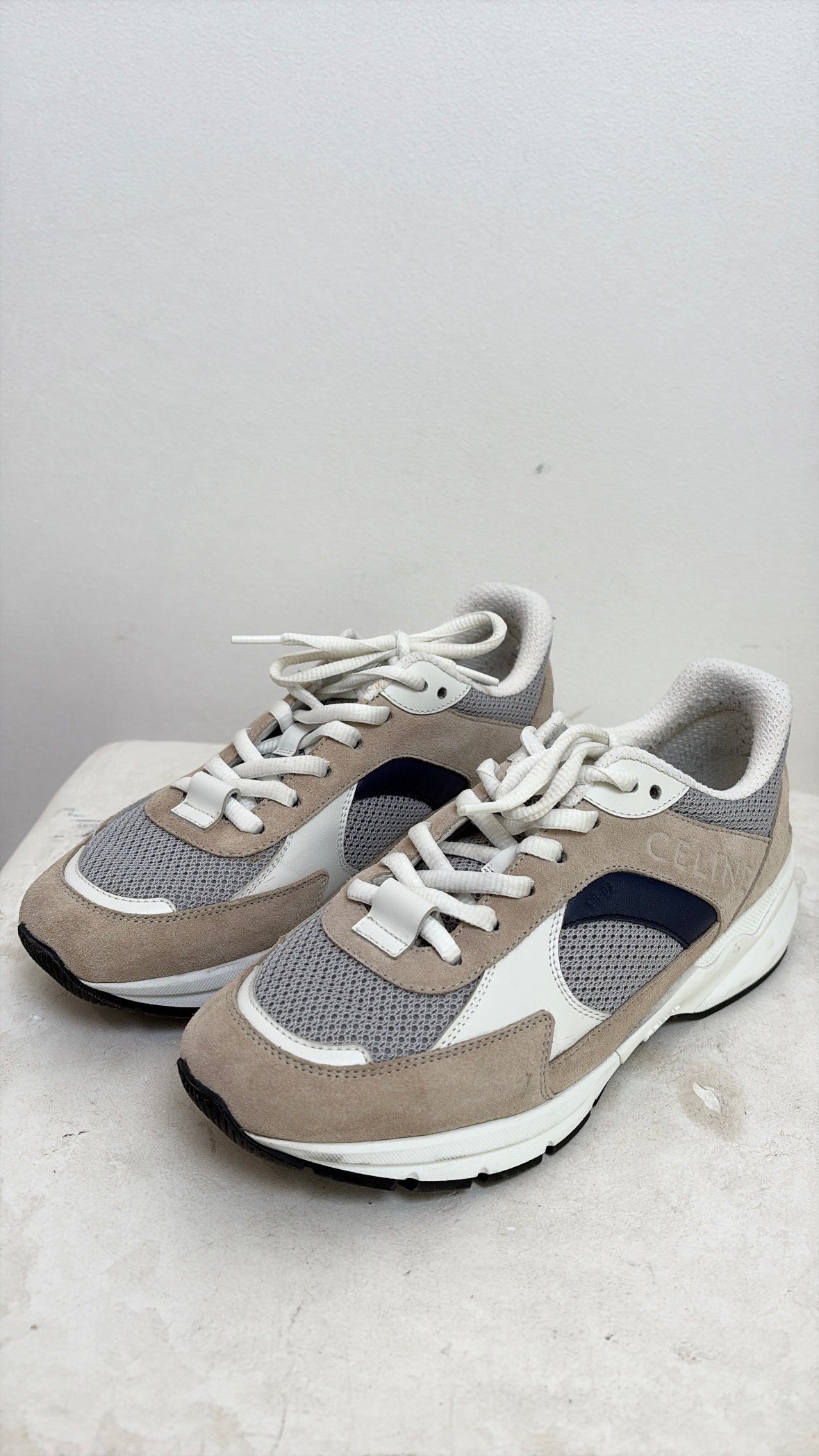 Celine Mesh and Calfskin Optic White Beige Navy Low Top Sneakers, 38