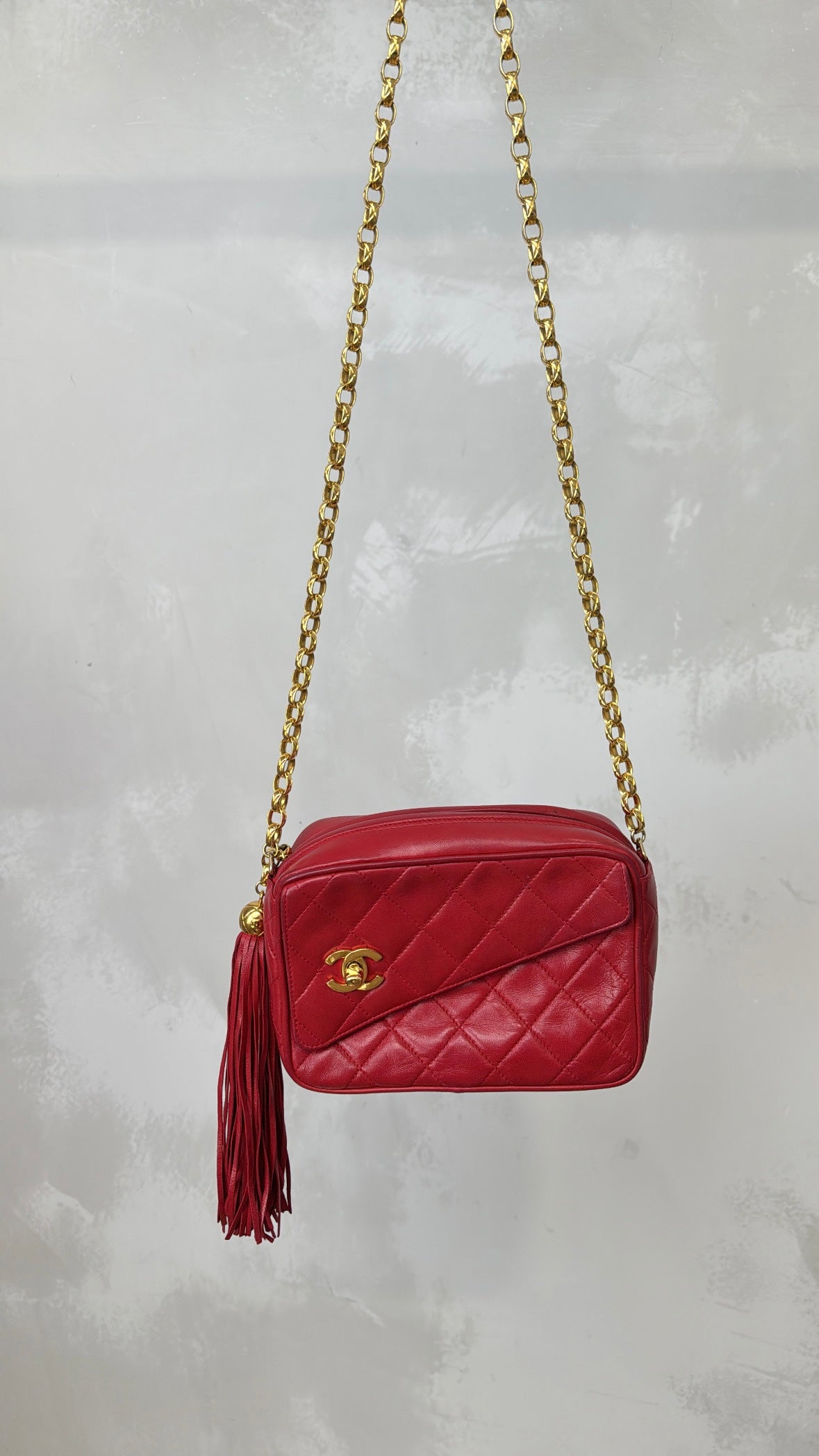 Chanel Red Leather Turn Lock Logo Tassel Camera Bag