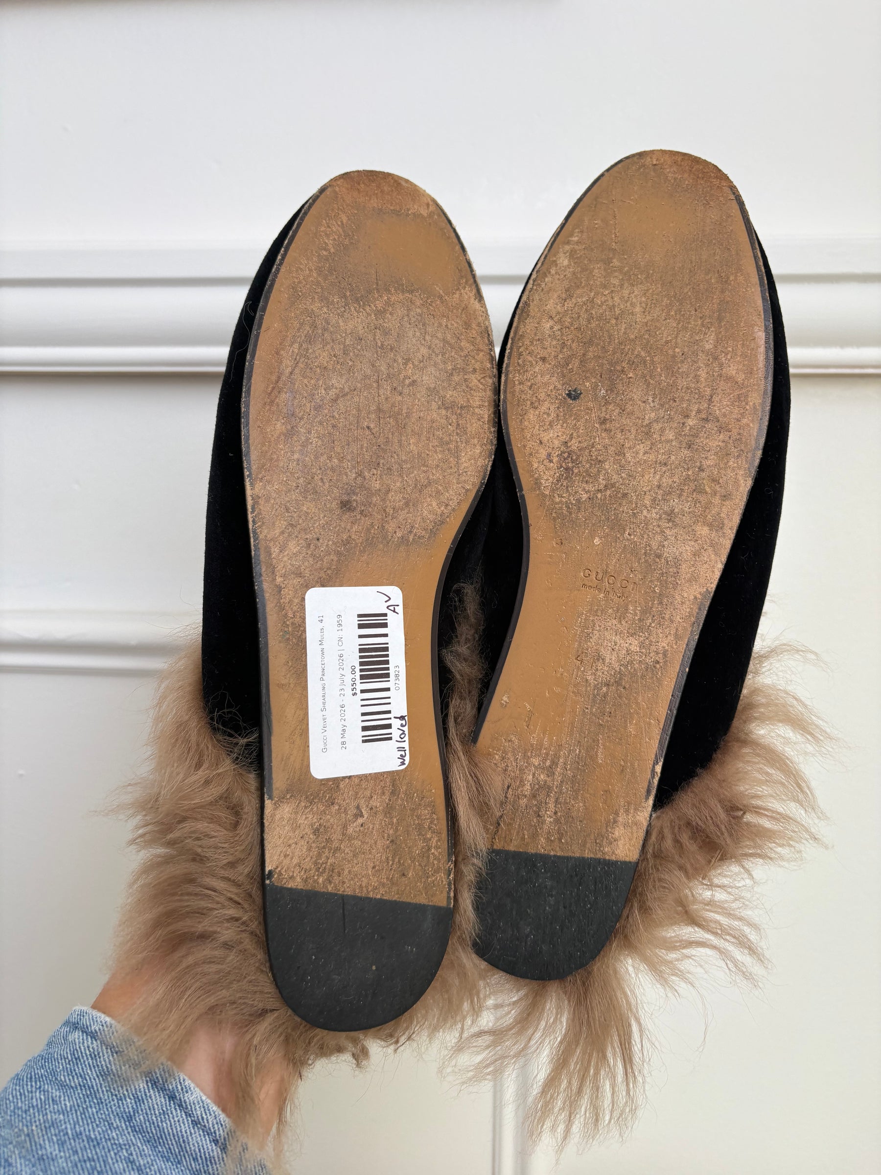 Gucci Velvet Shearling Princetown Mules, 41
