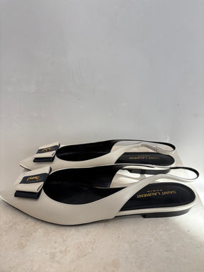 Saint Laurent Ecru and Navy Leather Pointed Logo Slingback Flats, 40