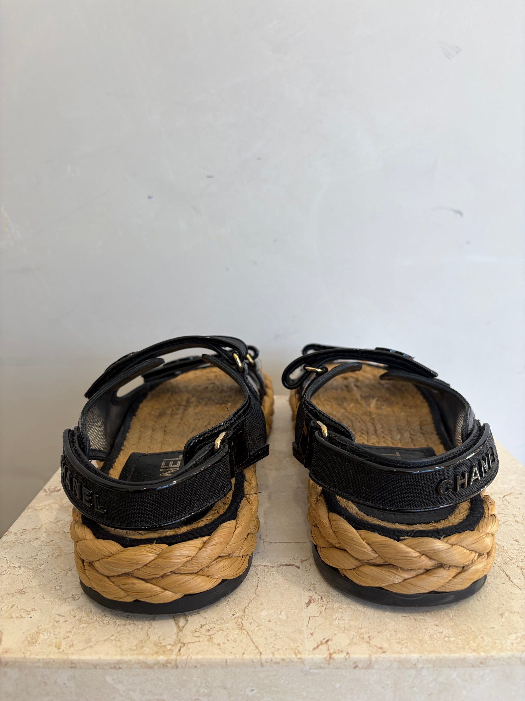 Chanel Black Mesh and Raffia Dad Sandals, 39.5