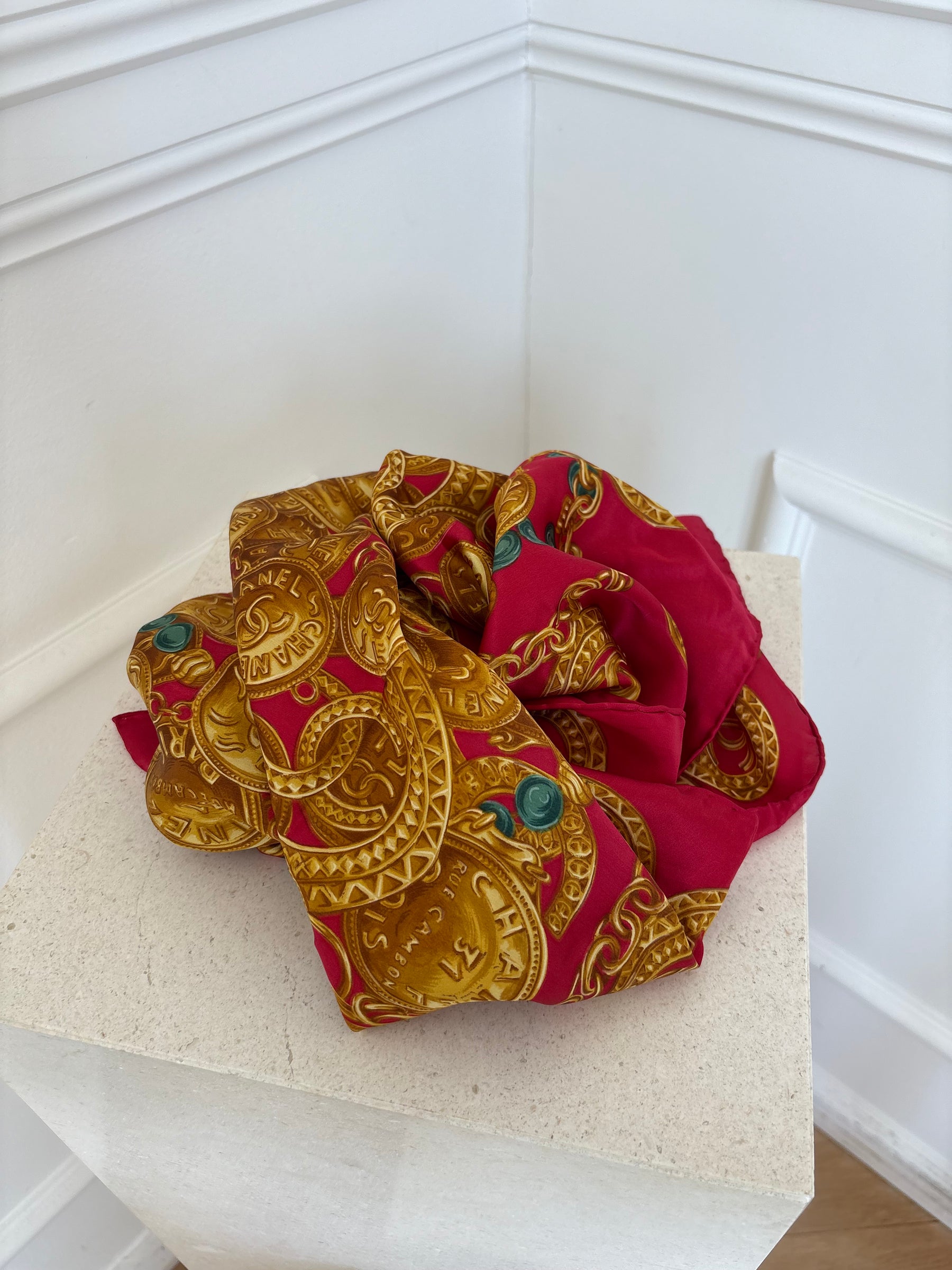 Chanel Silk Red And Gold Printed Scarf