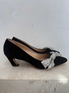 Chloe Black Suede Point Pumps Crystal Embellished Bow, 38.5