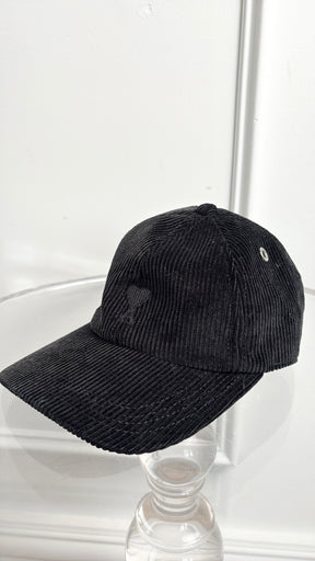 AMI Paris Black Corduroy Logo Cap