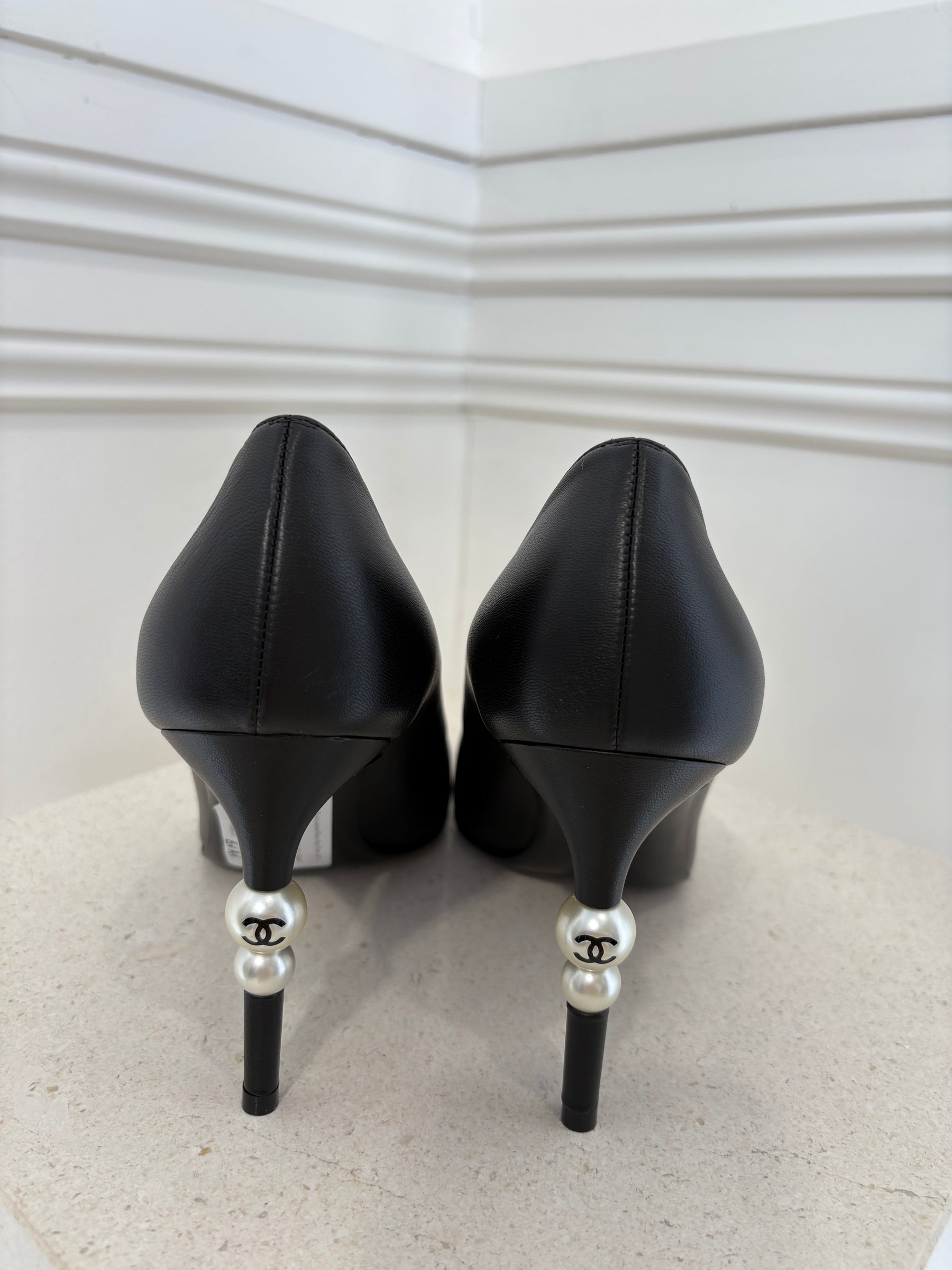 Chanel Black Leather Pearl Heel Pump, 38.5 C