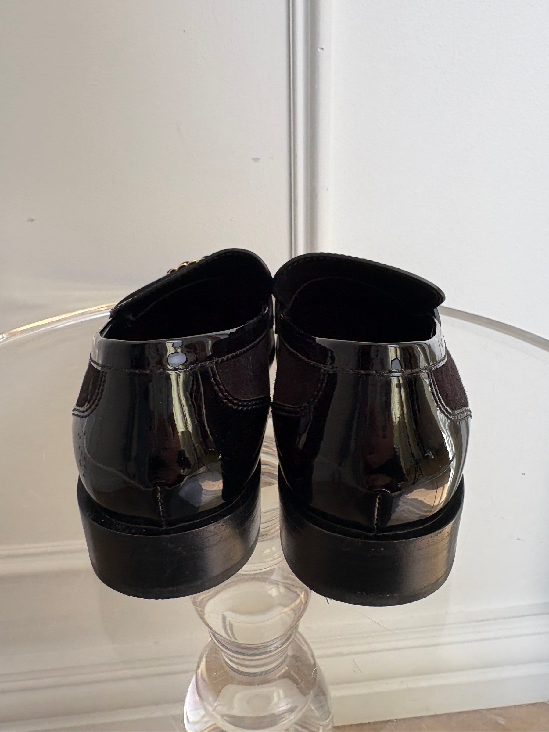Chanel CC Black Patent And Suede Loafers, 39.5 C