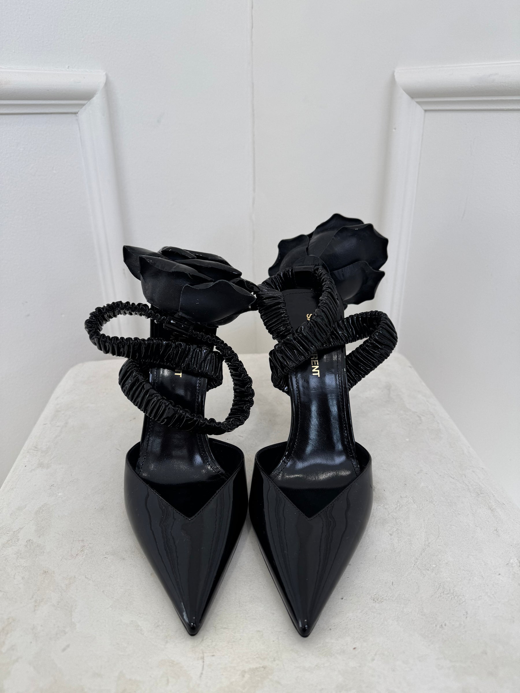 Saint Laurent Patent Slingback Pump With Rose In Black, 39.5