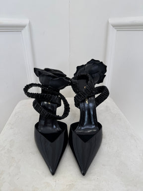 Saint Laurent Patent Slingback Pump With Rose In Black, 39.5