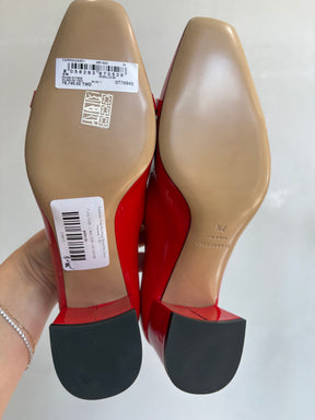 Ferragamo Flame Red Patent Block Heel Silver Hardware, 7.5D