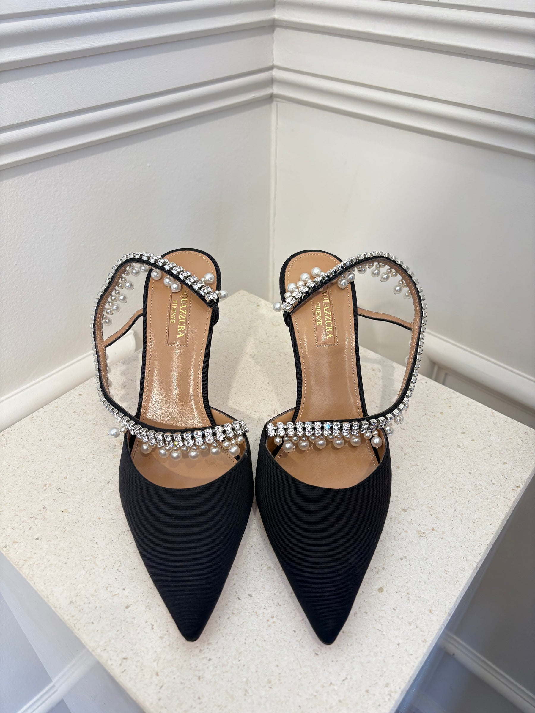 Aquazzura Black Grosgrain Pointed Pearl and Crystal Slingback Pumps, 38