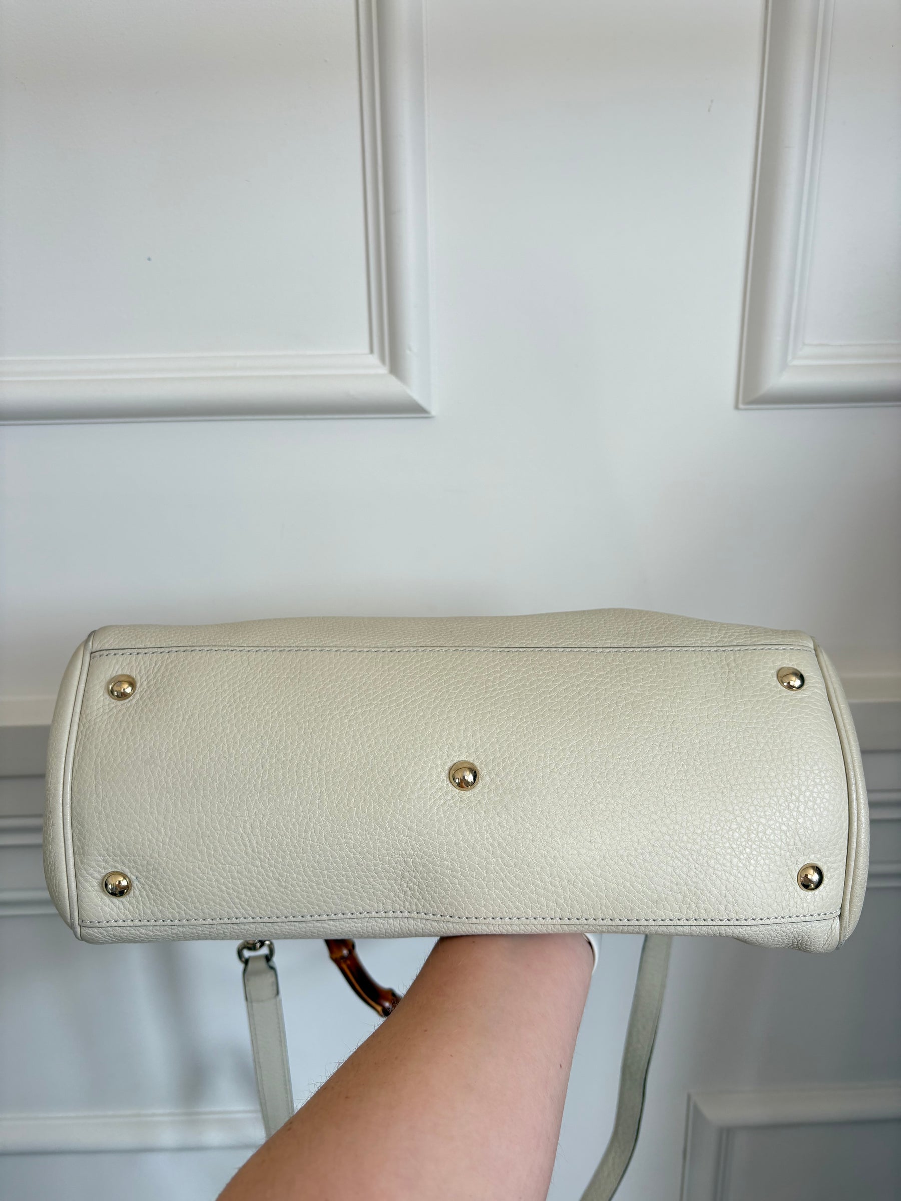 Gucci Bamboo Shopper Leather Tote Cream With Shoulder Strap