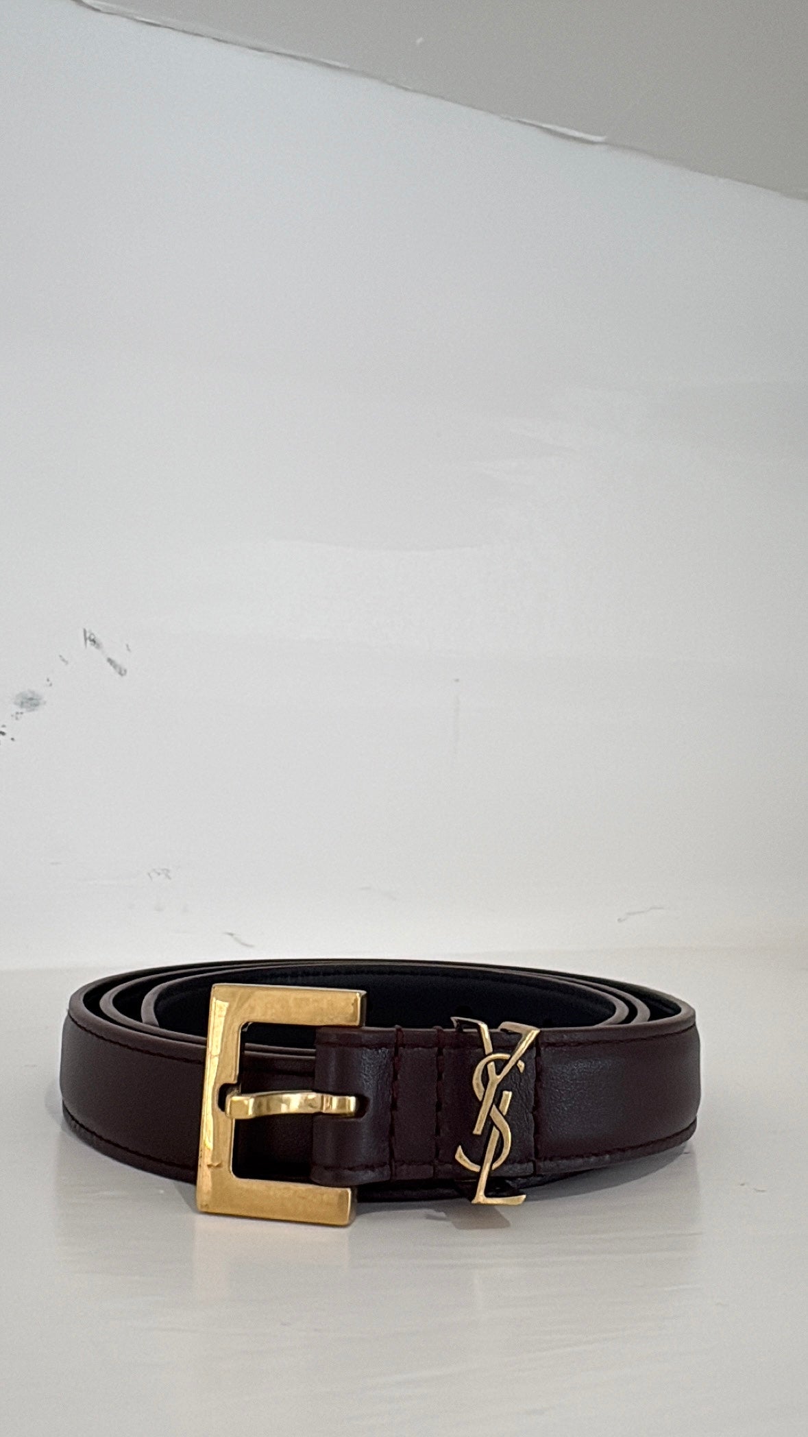 Saint Laurent Burgundy Leather Thin Logo Belt, 80