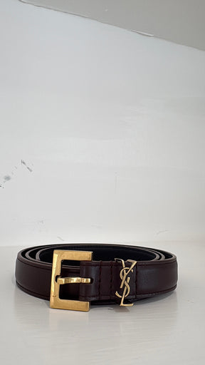 Saint Laurent Burgundy Leather Thin Logo Belt, 80