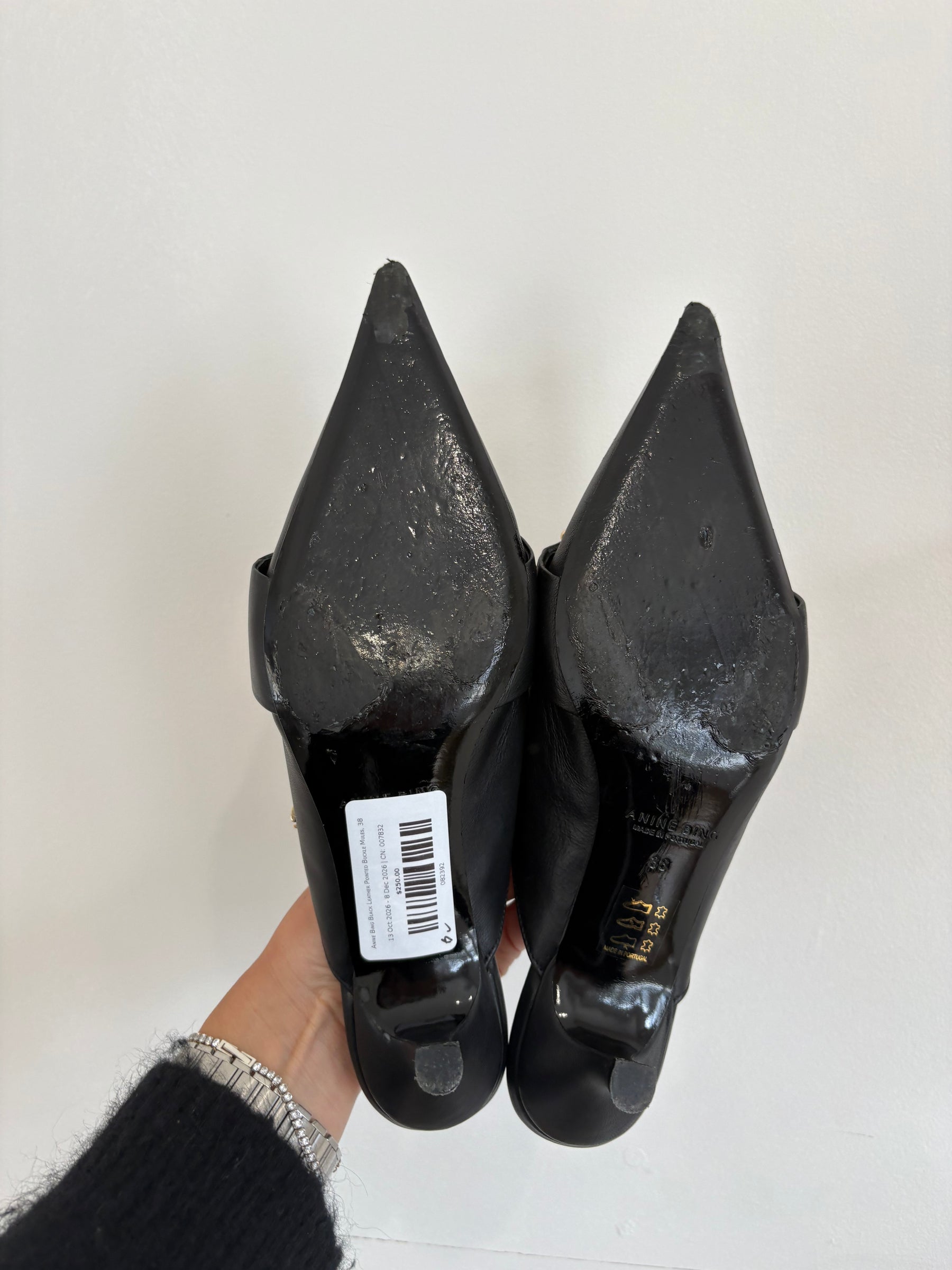 Anine Bing Black Leather Pointed Buckle Mules, 38